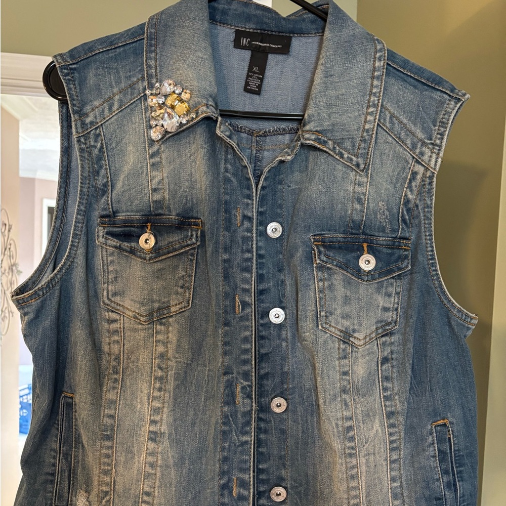 INC International Concepts bedazzled trendy Blue Denim Vest- size XL